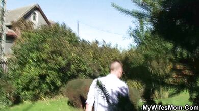 Busty blonde girlfriends mom riding his dick outside