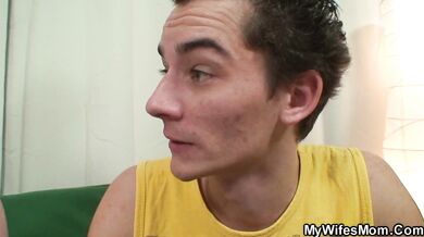 Huge tits old mother in law rides boy's cock