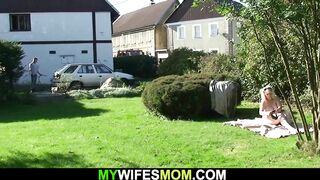Old busty blonde mother inlaw rides his cock outside