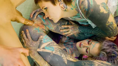 2 heavy tattoo girls get ass fucked by a big dick