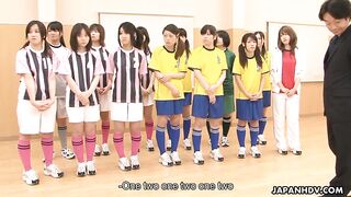 Coach teaches two adorable soccer girls. They get their pussy drilled