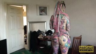 Fully tattooed subslut Piggy Mouth slammed by rough dom