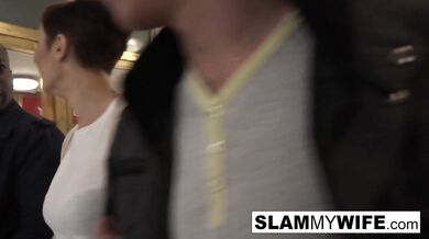 Busty brunette takes gets banged in front of her guy