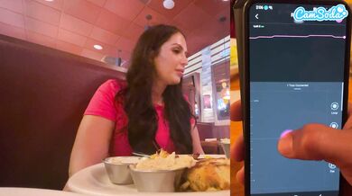 Cumming in Public with interactive toy at LUNCH! Public female orgasm interactive toy