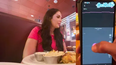 Cumming in Public with interactive toy at LUNCH! Public female orgasm interactive toy