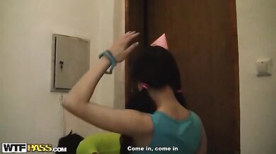 Naked college girls play with a huge dildo