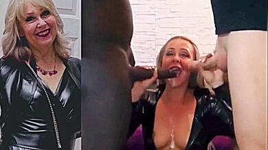 Swingers Film Slut Wife Sucking off Two Cocks Cum Jizz in her Mouth