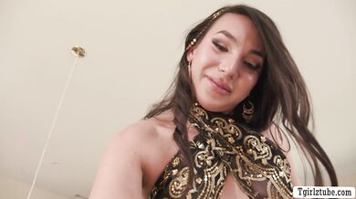 Petite Tgirl brunette gets ass banged by big dick