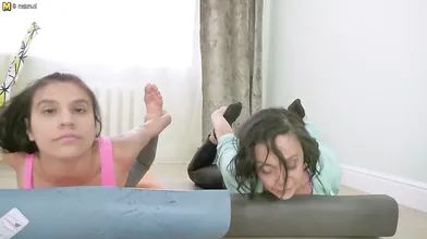 Lesbian yoga teacher seduces her young female student