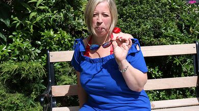Naughty mature lady playing with herpussy in the garden