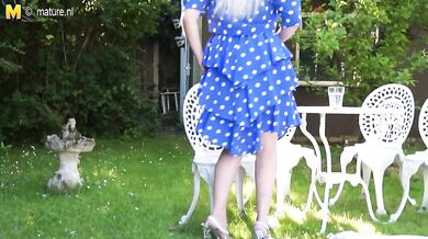 Naughty British housewife playing in the garden