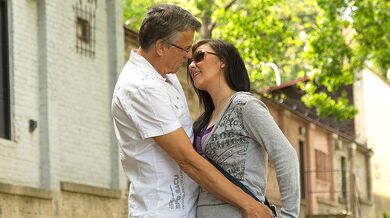 Hot babe having fun with a dirty old men