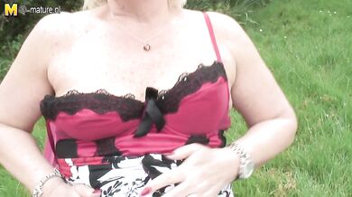 Naughty British housewife playing in the garden
