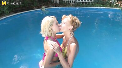 Horny old and young lesbians make out at the pool