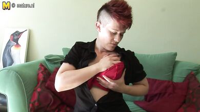 Hairy gig breasted housewife getting wet