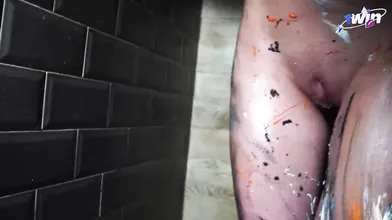 Eva Gold's meaty fake tits, decorated in erotic bod paint, pull out a crazy mast