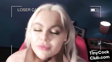 Lingerie beauty mocking small cock loser