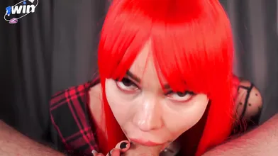 Wow, that redhead girl with huge jugs is a full slut! She's giving a blow-job to