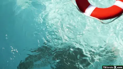 Tranny lifeguard Emma Rose rescues and facefucks hotel guest