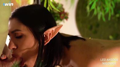 Elf fellating dick, human gets her crevices screwed - XXX!