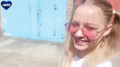 Sexy schoolgirl busts on porch. Cock sucking, doggy style. Horny slut.