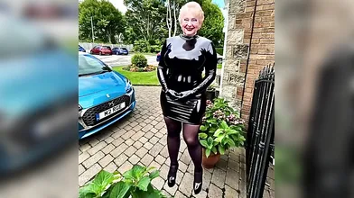 Shiny PVC Dress High Heels Porn Slut Outdoors Exposed in Home Street