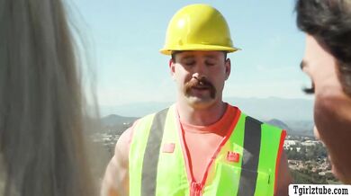 Construction worker drills the ass of two horny TS