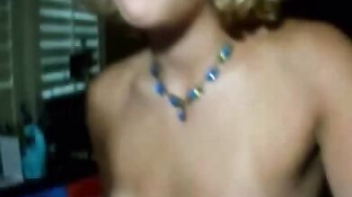 Blonde Amateur Strips on Webcam Wearing a Blue Necklace
