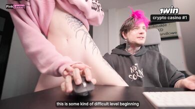 Stepbro fucking, sis plays computer while pinkloving on table, groping clit to c