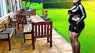 Cathy Golf Club Slut Shiny PVC Skirt High Heels Stockings PVC Granny Porn Slut