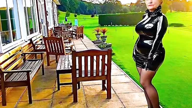 Cathy Golf Club Slut Shiny PVC Skirt High Heels Stockings PVC Granny Porn Slut