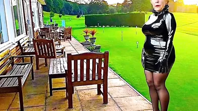 Cathy Golf Club Slut Shiny PVC Skirt High Heels Stockings PVC Granny Porn Slut