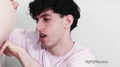 Calming down bullied dude with big tits and free use pussy
