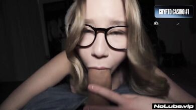 POV deep throating phat dick, blonde model gets rough 3 way cumshot, enslaved te