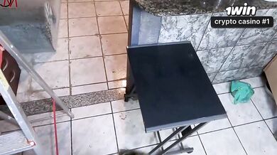 My stepdaughter was tidying the kitchen, I couldn't resist with her ass!