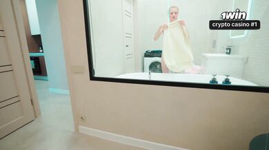 Hot stepsister shower peek turns into bj and jizz swallow.