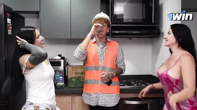 Engineer returns, joins sleepover threeway with thick baps and double blowjob -