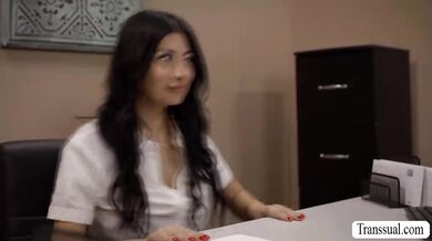 Slut secretary watches her TS boss jerking off