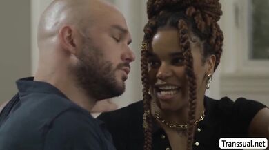 Curly haired TS ebony suck and ride of her friend