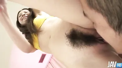 Pink panty clad Rika Koizumi with her legs spread wide teasing until her pussy is filled with meat