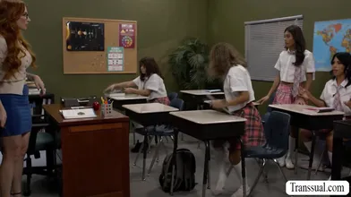 Naughty Schoolgirl Shemales Dominate Classroom in Wild Group xxx