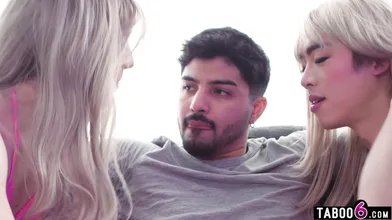 Two femboy blondes share a guys cock in a transexual threesome