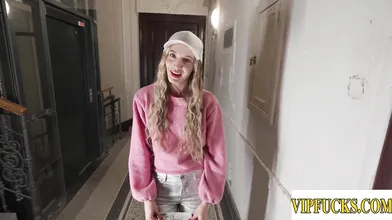 Cute Blonde in Pink Sweater Strips and Sucks for Cash