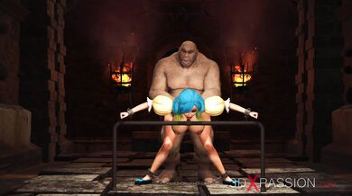 Big monster bangs a cuffed fantasy girl elf in the dungeon