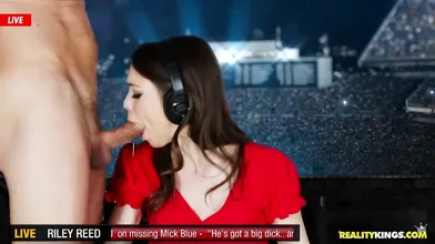 Sexy news reporter gagging and slobbering on cock