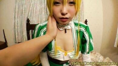 Japanese babe in a costume gets her sweet snatch railed