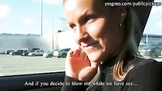 Hot European blond gets money to show her pussy and suck dick in her car