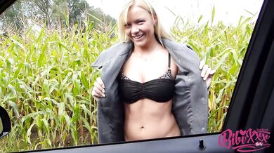 German super slut Bibi teases her cunt and has a fuck session near a field