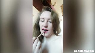 Geeky Teen Fucking Her Large Labia with a Pencil