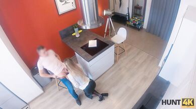 HUNT4K. Nymph in sexy clothes satisfies potential client in front of BF